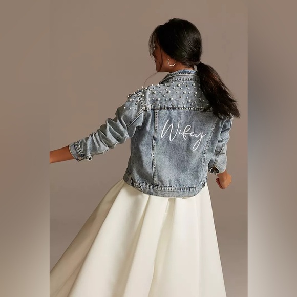 DB STUDIO Wifey Pearl and Crystal Studded Denim Jacket size L - Picture 2 of 3